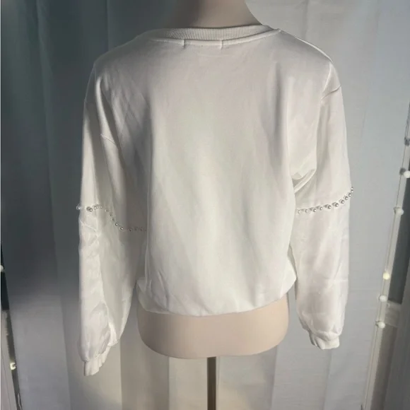 White Cream Crop Long Sleeve Sweatshirt with Pearl and Tulle Sleeves Large - Picture 2 of 7